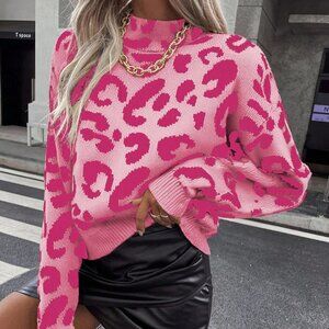 Multicolor Casual Women's Leopard Print Crew Neck Long Sleeve Pullover Sweater
